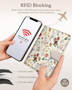 Slohif Passport Wallet Holder Cover for Travel - Women Men RFID Blocking Passport Book Case Protector, Cream Floral Butterfly Leather Personalized Organizer Slim Carrier Boarding Pass Cards Slots