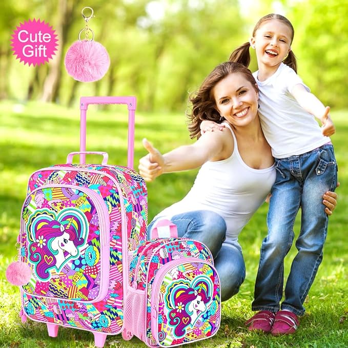 2Pcs Girls Luggage Set, 18" Kids Unicorn Carry on Suitcase with Wheels, Cute Unicorn Travel Rolling with 12" Toddler Backpack(Pink)