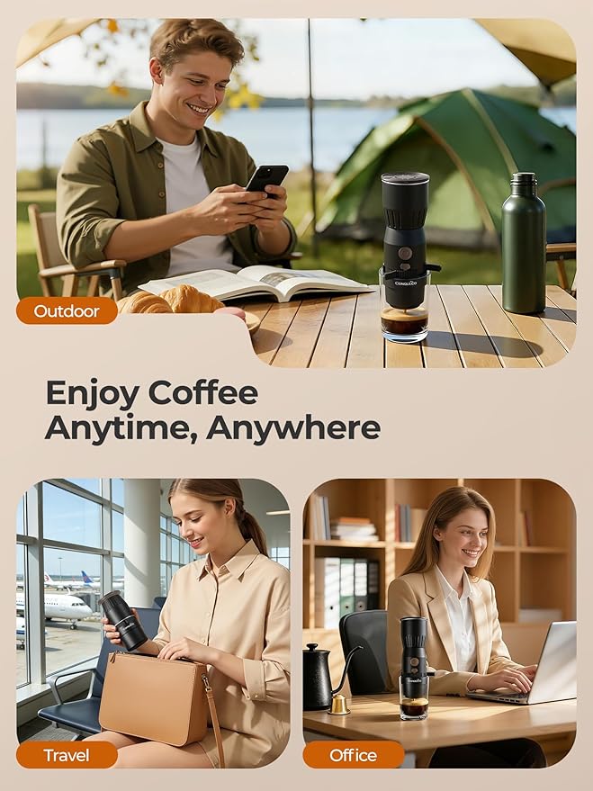 Portable Electric Espresso Maker, Mini Camping Coffee Maker for Travel, Pocket Sized Espresso Machine for NS Capsules, 160ML Large Water Tank, Fast Brewing with Hot Water, Travel/Camping/Office