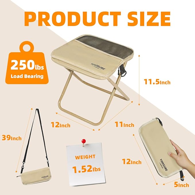 11.5" Tall Compact Collapsible Stool, Portable Folding Camp Stool with 2 Side Pockets, Lightweight Mini Folding Stool for Adults, Small Backpacking Stool for Fishing Hiking Trips