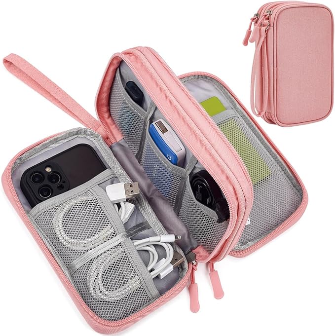 CAAORDKSO Electronics Accessories Organizer Pouch Bag, Electronic Organizer Travel Case, Tech Pouch, Travel Essentials for Women, Cable, Cord, Phone, Charger, Power Bank, Earphone (Light Pink, Large)