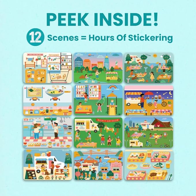 Food Truck Adventure 500+ Kids Sticker Book by Cupkin Fun Toddler Travel Activity Coloring and Sticker Book, Road Trip Essentials, 12 Coloring Pages + 12 Scenes for Ages 2–8 Years