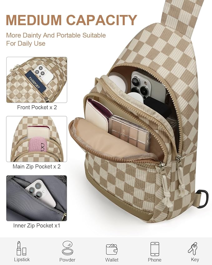 Capolo Sling Bag for Women Men Waterproof Crossbody Bags for Women Trendy Casual Fanny Pack with Convertible Shoulder Strap Chest Bag for Travel Hiking(Khaki Checkerboard, Medium)