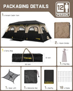 FanttikOutdoor Instant Cabin Tent 6/8/10/12 Person Camping Tent Setup in 60 Seconds with Rainfly & Windproof Portable with Carry Bag for Family Camping & Hiking, Upgraded Ventilation, Khaki