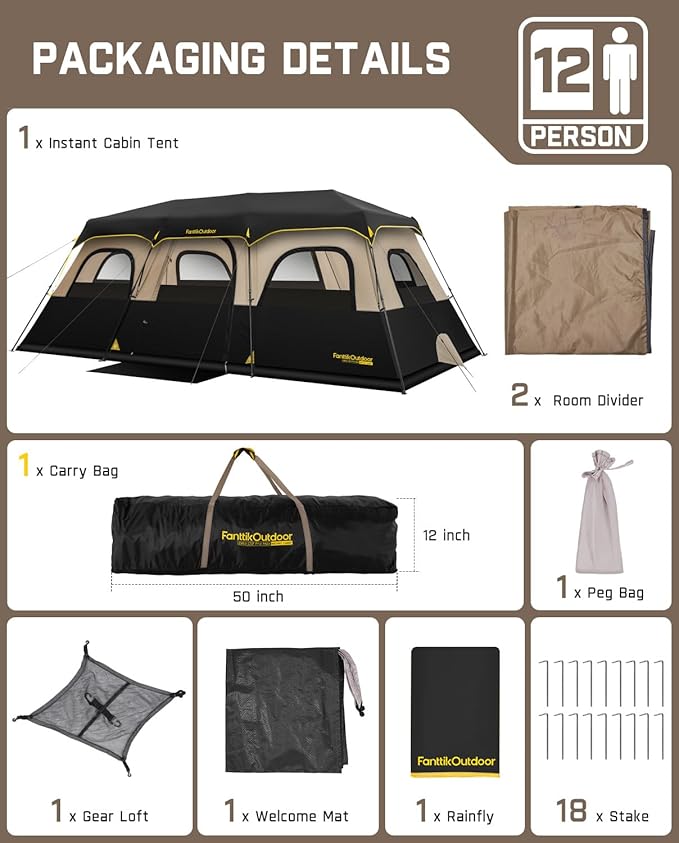 FanttikOutdoor Instant Cabin Tent 6/8/10/12 Person Camping Tent Setup in 60 Seconds with Rainfly & Windproof Portable with Carry Bag for Family Camping & Hiking, Upgraded Ventilation, Khaki