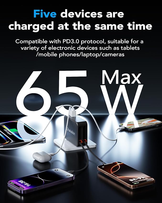 65W for MacBook Pro Charger,5-in-1 Retractable Wall Charger Plug for iPhone 17,3.94 ft PD USB C&Lightening Cable&3 Ports,Fast Charging Block for Mac Book Pro/Air,M1 M2 M3 M4 M5,iPad Pro,Galaxy,Pixel