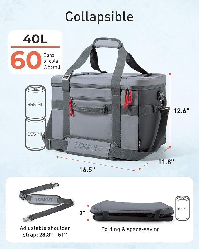 TOURIT Soft Sided Cooler Bag Insulated 30/48/60 Cans, Large Collapsible & Leakproof Ice Chest for Picnic, Beach, Camping, Travel