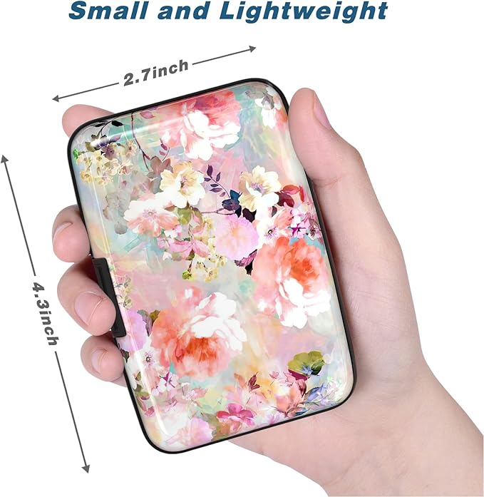 Credit Card Holder, Mini Aluminum Card Wallet RFID Blocking Slim Metal Hard Card Case for Women Men, Pink Flowers