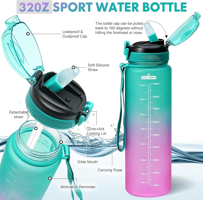 Water Bottle with Straw 1L,Boys Water Bottles with Straw 1 Litre,Waterbottle Leak-Proof Sports Water Bottle,Plastic Drinks Bottles Toxin Free，Bpa-Free (Green Purple)