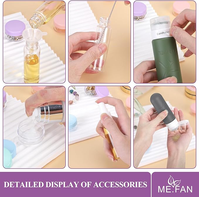 ME.FAN 18 Pack Travel Bottles for Toiletries, TSA Approved Travel Size Containers Set, Silicone Squeezable Portable Split Bottle, Travel Accessories for Conditioner, Shampoo, Lotion - Morandi