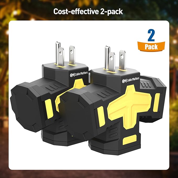[ETL Listed] Cable Matters 2-Pack 3 Way Outdoor Plug Splitter 15A 1875W (Indoor/Outdoor Multi Plug Outlet, 3 Way Outlet Adapter) in Black