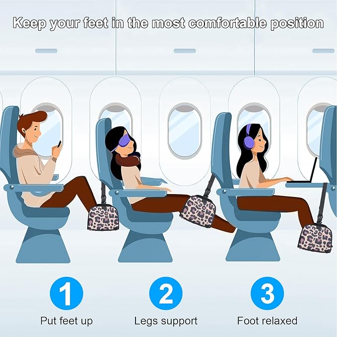 Airplane Foot Hammock, Office Footrest Airplane with 2 Hooks Long Flight Hammock Memory Foam Travel Foot Rest Plane Foot Sling Under Desk at Work Gaming Travel Essentials, Leopard Print