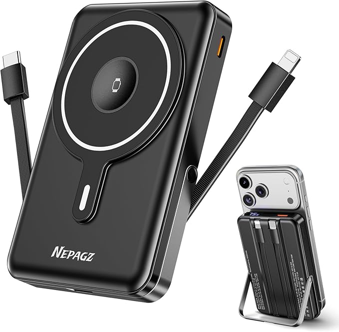 for Magsafe Portable Charger, Magnetic Power Bank with Foldable Stand, PD 22.5W Fast Charging with USB-C Cable, Wireless Portable Charger for iPhone 17/16/15/14/13/12 Series, Black