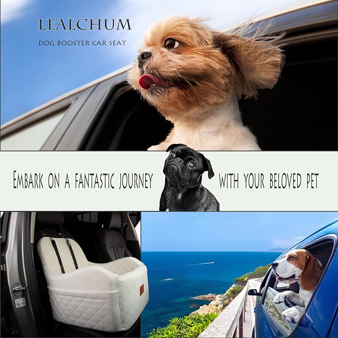 Lealchum Dog Booster Car Seat,Ultra Soft Fabric & Filling Memory Foam,Elevated Cushion,3 Straps & Safety Belt Channel,Anti-Slip Base,Fully Detachable and Washable(Beige,Medium)