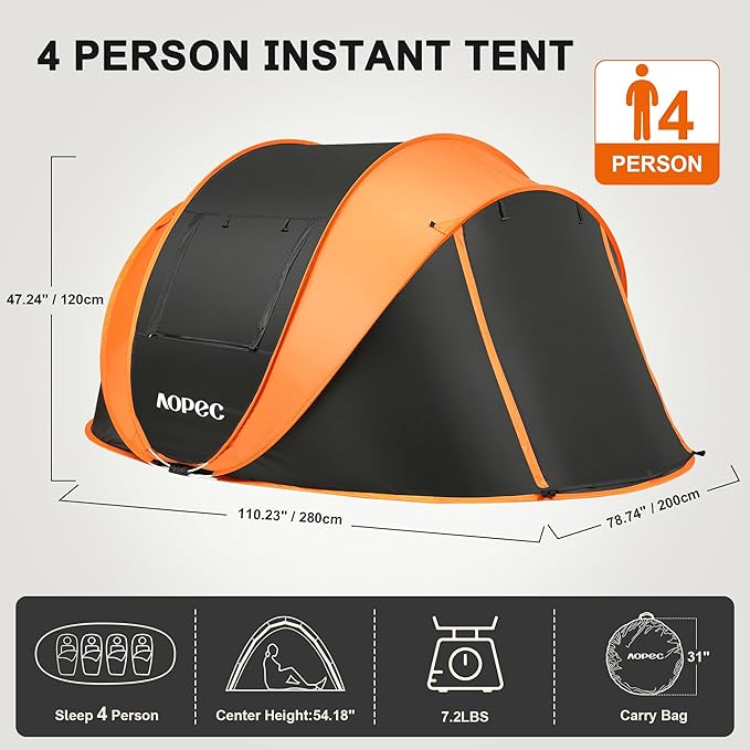 Pop Up Camping Tent, 2/4/6 Person Instant Tent Waterproof PU4500mm, Spacious Ventilated Camping Tent with Front Porch, Quick Setup Lightweight Portable for Outdoor Camping Hiking Beach