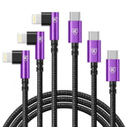 90 Degree iPhone Charger Cables 6FT, USB C to Lightning Cable [Apple MFi Certified] 3Pack Fast Charging, Nylon Braided USB C Lightning Cable Compatible with iPhone 14/13/12/11/Pro Max/Plus/8/7-Purple