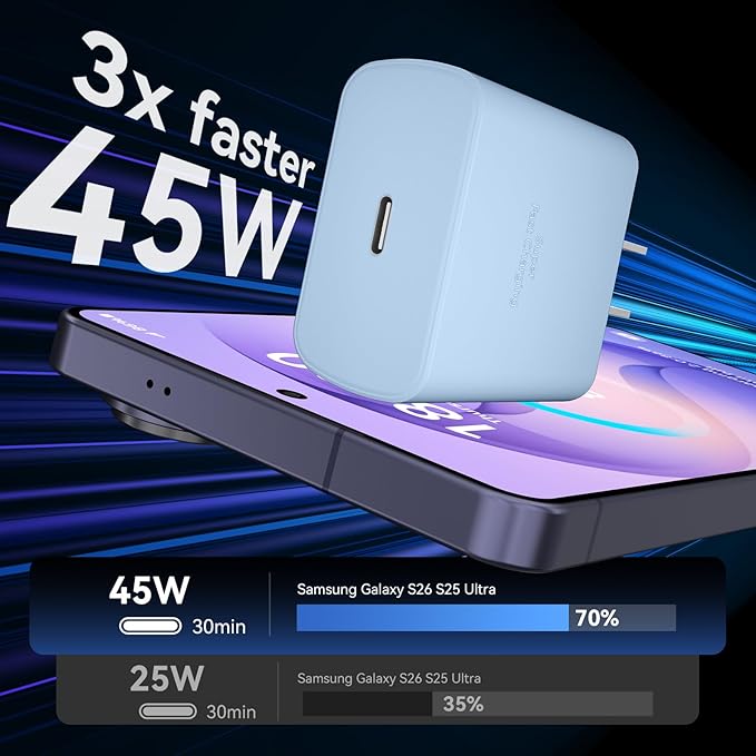 45W USB C Super Fast Charger Type C Charger Fast Charging Android Phone Charger Block with 8FT Type C Charging Cable for Samsung Galaxy S26 Ultra/S26/S26+/S25/S25 Ultra/S25+/S24 Ultra/S23 Ultra/S26