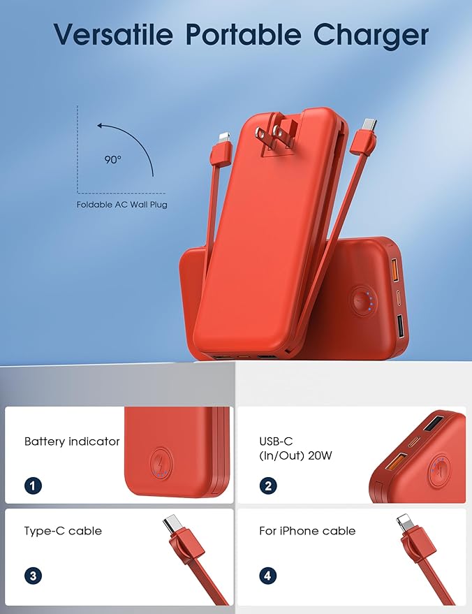 Nusyddy Portable Charger, 10000mAh PD20W Fast Charging Power Bank with Built-in Cables & Wall Plug, Travel Essentials External Battery Pack, USB C Battery Phone Charger for iPhone, iPad, Samsung Red