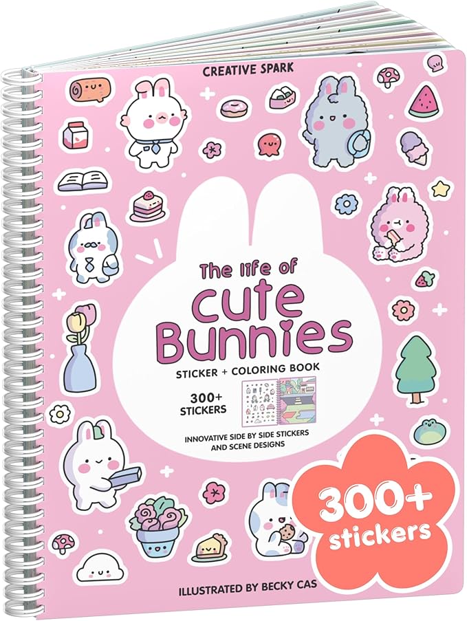 Life of Cute Bunnies 300+ Kids Sticker Book by Cupkin Toddler Airplane Travel Coloring Book, Easter Basket Stuffer, Road Trip Essentials, 8 Coloring Pages 8 Side by Side Scenes for Ages 2–8 Years