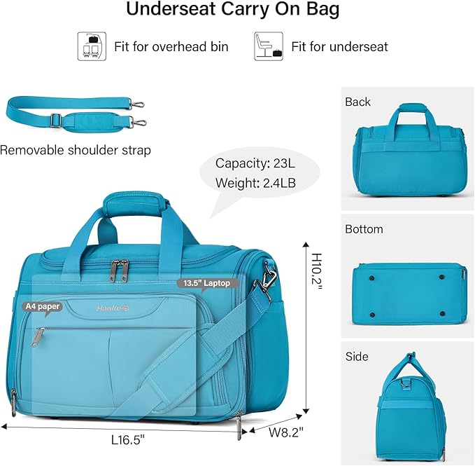 Hanke Small Travel Duffel Bag, Under Seat Carry On Personal Item Bag with 11 Pockets, Lightweight Water Resistant Foldable Weekender Bag with Trolley Sleeve for Travel Gym Daily Use（Caribbean Blue）