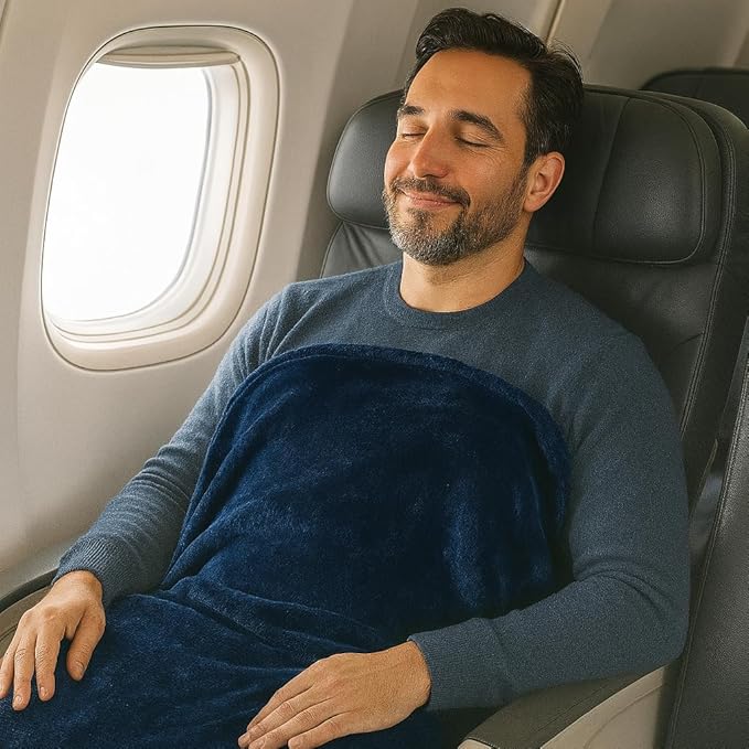 Comfort Fly Travel Blanket & Pillow – 2-in-1 Micro Plush Airplane Blanket with Carry Case (40" x 70") - Navy