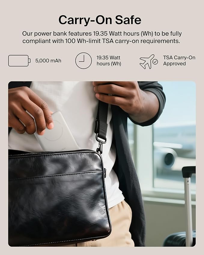 Belkin MagSafe Power Bank 5,000mAh, Ultra-Slim Qi2 15W Certified Magnetic Back Supports MagSafe Accessories On-the-Go, Wireless Battery Pack w/USB C Cable for iPhone 17, Pixel 10, Travel - Sand
