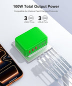 Fast Charger Block, GaN 6 Port USB C Charging Station Hub Cube, 100W Multiport Type C Wall Charger Power Strip Plug with PD 3.0+QC for iPhone 16 Pro Max 15 14 13 12 11 XR XS 8 7, Samsung, iPad, Table