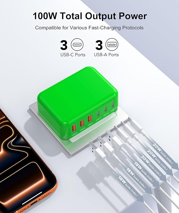 Fast Charger Block, GaN 6 Port USB C Charging Station Hub Cube, 100W Multiport Type C Wall Charger Power Strip Plug with PD 3.0+QC for iPhone 16 Pro Max 15 14 13 12 11 XR XS 8 7, Samsung, iPad, Table
