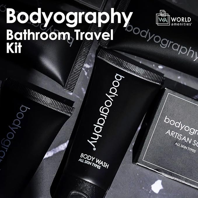 World Amenities - Bodyography Toiletry Kit, 6 Piece Set Shampoo, Conditioner, Body Wash, Lotion, Hand Soap, Massage Bar, Clear Travel Bag