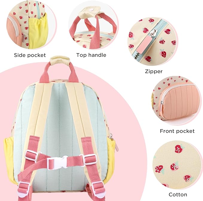 GAGAKU Toddler Backpack for Girls 2-4 Strawberry Cute Preschool Kindergarten Backpack with Name Tag Soft Cotton Small Bookbag for Daycare Lightweight Adjustable Straps with Chest Buckle