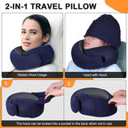 Travel Pillow - Hooded Neck Pillow Airplane Memory Foam Filling for Plane, Office, Cars Sleeping, Road Trip, Long Flights, Airplane Travel Essentials, Includes Eye Mask & Earplugs (Navy)