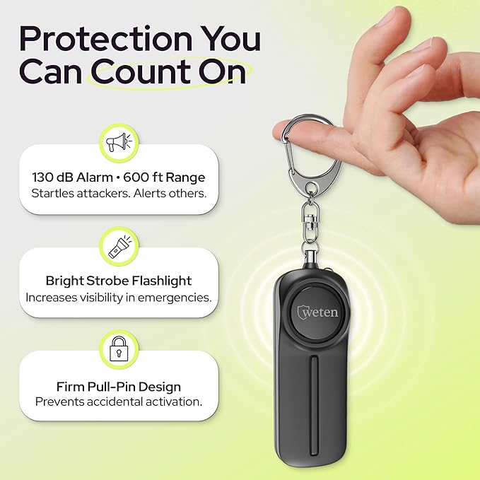 Personal Alarm Keychain for Women Self Defense - Loud Safety Whistle Alert Device with LED Light – 130 dB Emergency Security Handheld Siren Key Chain by WETEN, Black