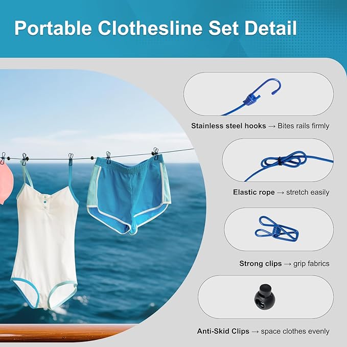 2 Pack Retractable Portable Clothesline, Windproof Clothes Line for Outdoor Camping, Travel, Laundry Drying with 12 Clips for Cruise, Hotel & Home-Sapphire Blue & Sky Blue