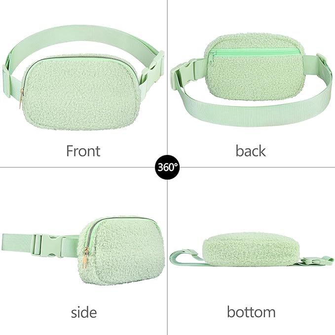 Fleece Fanny pack with Adjustable Strap for Women and Men Crossbody Bag Bum Bag, Waist Pack for Hiking Workout Sports Travel Light Green