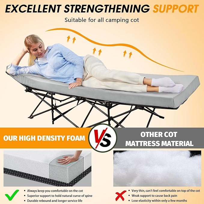CYMULA Camping Cot Mattress 2in Memory Foam Sleeping Pad,Soft Warm Non-Slip Camping Mattress Topper with Retaining for Adults,Portable Roll up Pad for Travel（only Mattress）