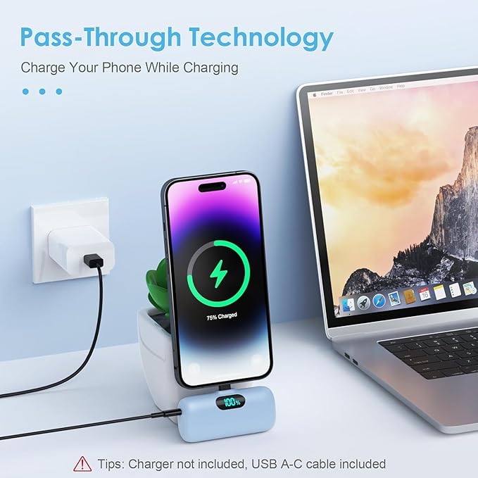 Small Portable Charger for iPhone,Upgraded 5000mAh PD Fast Charging Power Bank,Mini Plug-in Battery Pack Backup Charger Compatible with iPhone 14/14 Pro Max/13/13 Pro/12 Pro/11/XS/XR/X/8/7-Light Blue