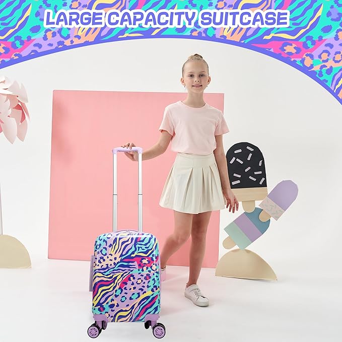 Kids Luggage with Spinner Wheels 5 Piece Carry on Suitcases for Girls Backpack with Lunch Box Pencil Case 16" Toddler Suitcase Set Airline Approved (Blue Purple Leopard)