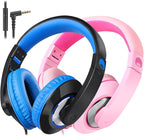 rockpapa Comfort+ Kids Headphones with Microphone, Boys Girls Student Over-Ear Headphones Wired Foldable for School Classroom Laptop PC Computer Tablet Black/Blue+Pink