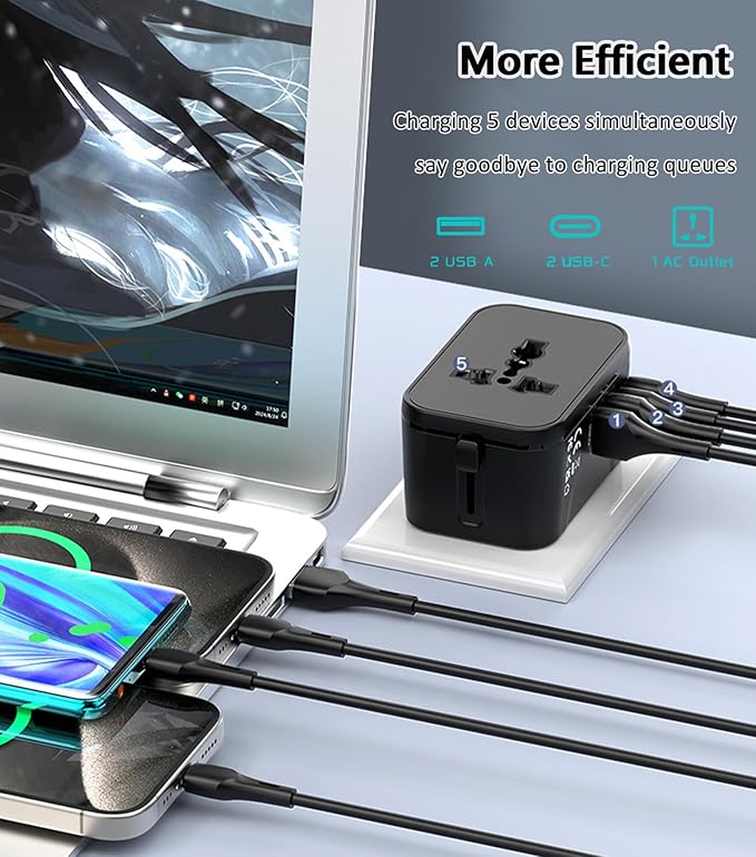 European Travel Plug Adapter, Travel Power Strip for US to EU France Germany Iceland Spain Italy, International Power Adaptor with 2 USB C, 2 USB A and Multi AC Outlets, Travel Essentials