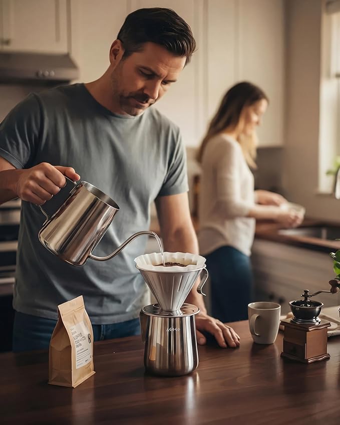AGOGO Pour Over Coffee Maker Set - Unbreakable 304 Stainless Steel V60 Dripper & Server for Camping & Home, Includes 50 Paper Filters & Barista Towel - Silver - 20oz