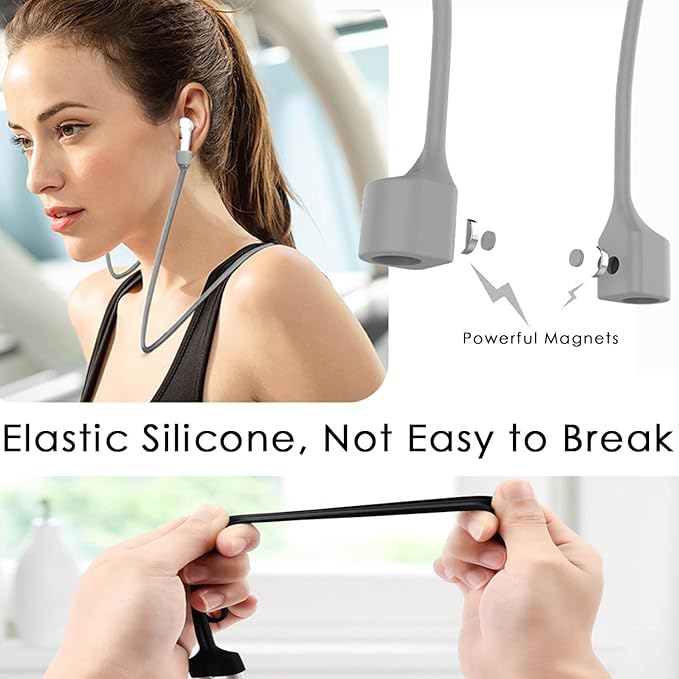 Mooyavia 2 Pack Ultra Strong Magnetic Anti-Lost Straps for AirPods, Soft Silicone Sports Lanyard Neck Rope Cord Compatible with AirPods 4/3/2/1 and AirPod Pro 2/1- Black+Gray