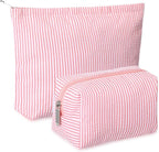 Huhumy 2 Pcs Makeup Bag Set Cute Cosmetic Pouch for Women Seersucker Travel Toiletry Bag Preppy Small Makeup Purse Pouch Aesthetic Skincare Brushes Storage Organizer for Valentine Women(Rose Pink)