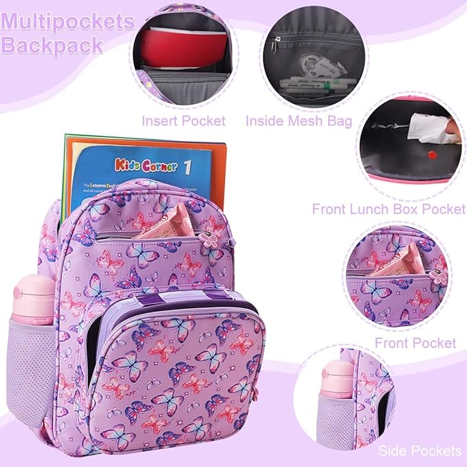 RHCPFOVR Kids Backpack for Girls - Girls Backpack 3-8 Ages Butterfly for Kids 15 Inch School Bookbag for Kindergarten Elementary School Bookbag for Girl 1st 2nd Grade