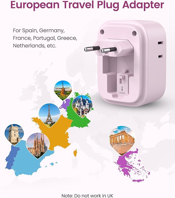 European Travel Plug Adapter, LENCENT US to Europe Type-C Foldable Power Plug with 4 Outlets 4 USB Ports (2 USB C), Power Adaptor for USA to EU Euro Iceland Spain Italy France Germany Greece, Pink