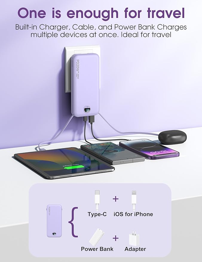 Portable Charger, 10000mAh PD20W USB C Fast Charging Power Bank with Built-in Cables and AC Wall Plug, Smart LED Display Travel Essentials Battery Pack Compatible with iPhone, iPad, Samsung etc Purple
