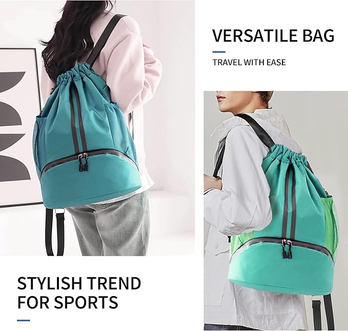 JELUTAR Drawstring Backpack Gym Bag with Shoes Compartment for Soccer, Basketball, Swim, Water-Resistant String Backpack Beach Cinch for Women Men, Mint Green