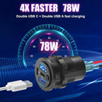 78W 4 Port 12V USB Outlet Car Charger, Super Fast Dual PD3.0 & QC3.0 Multiple USB Port for Car, USB C Cigarette Lighter Replacement 12 Volt Socket Waterproof for Marine Boat Motorcycle RV Golf Cart