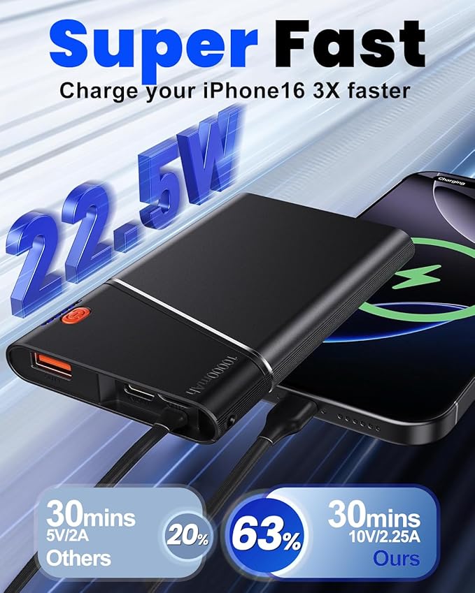 Aaoyun Portable Charger Power Bank, 10000mAh 22.5W PD Fast Charging Powerbank with Built-in USB C Cable, Slim External Phone Battery Pack for iPhone 17/16/15 Samsung S24 Android etc (Grey)