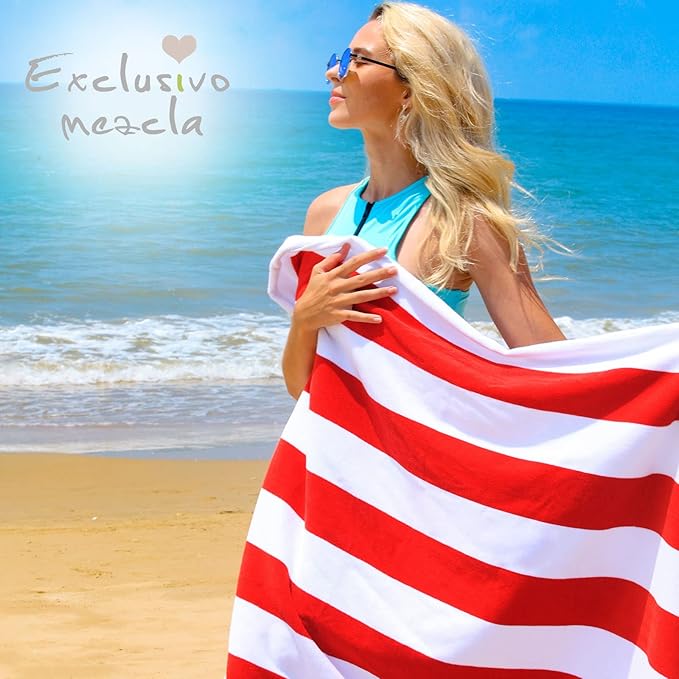 Exclusivo Mezcla 2 Pack Cotton Oversized 35x70 Inches Cabana Stripe Beach Towels, Super Absorbent Soft Plush Pool Bath Towel (Red)