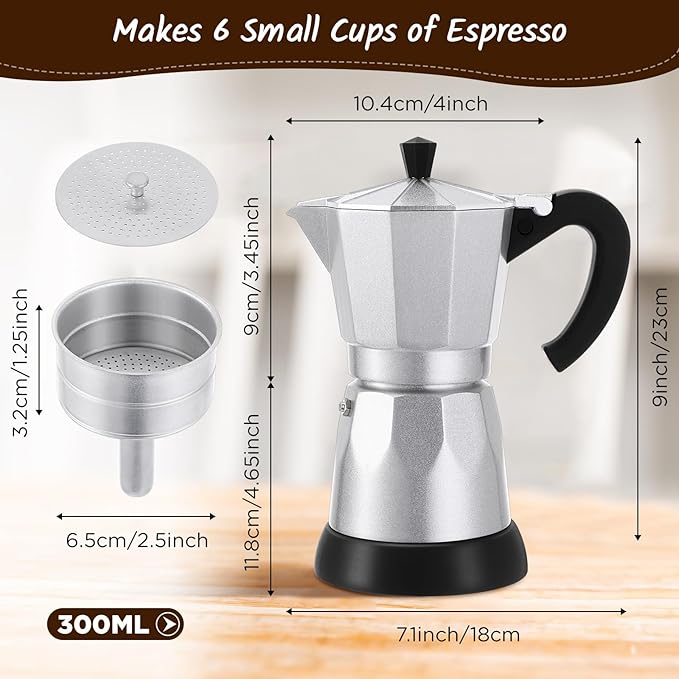 Coffee Pot 6 Cup Electric Espresso Coffee Maker Italian Moka Maker 300ml Portable Aluminum Espresso Machine Cafetera Moka Pot with Detachable Base, Gift for Home Travel (Silver)